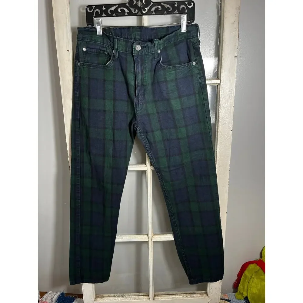 Men's Levis 502 33x32 green &navy stretch plaid print denim jeans 2019 taper fit